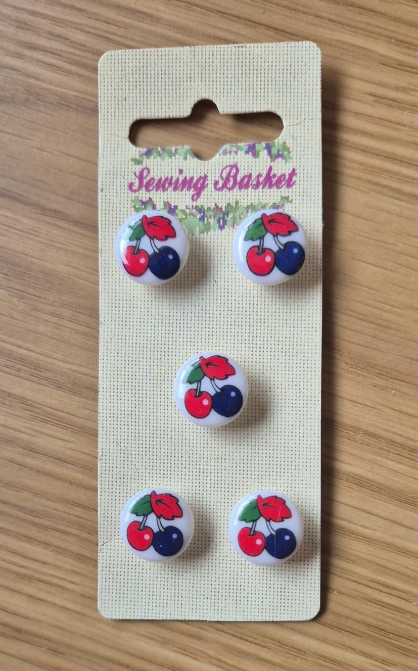 Cherry Button Card – Red & Purple cherries (5 buttons per card)