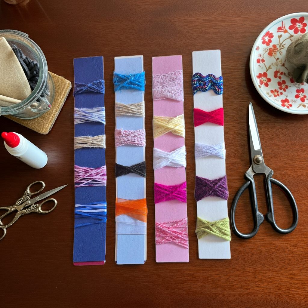 Trim Card – Mixed Colour Wool, Lace or Trim plus 5 Strips of Card