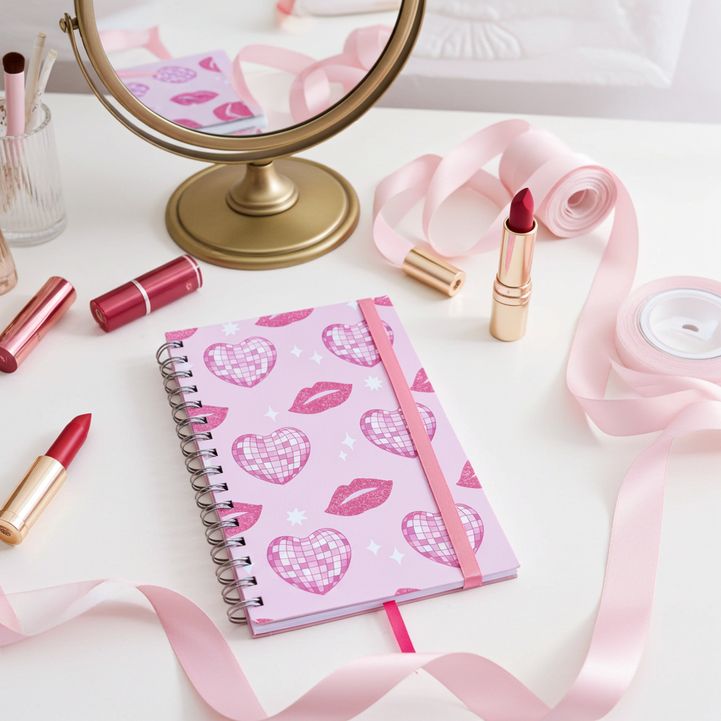 A5 Lined Notebook – Pink Hearts & Lips Design